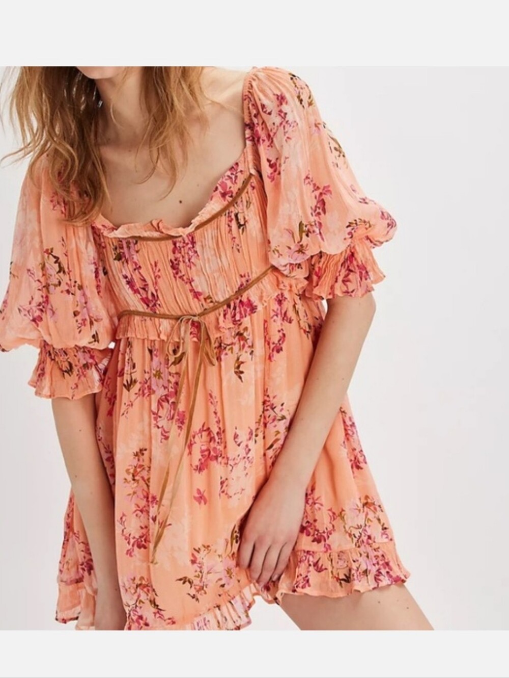 FREE PEOPLE Marney Babydoll Tunic Mini Dress Floral Peach Combo L NWT SRP $148